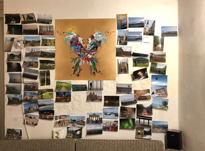 The first seven that inspired the rest and more Wall with photos from my travels