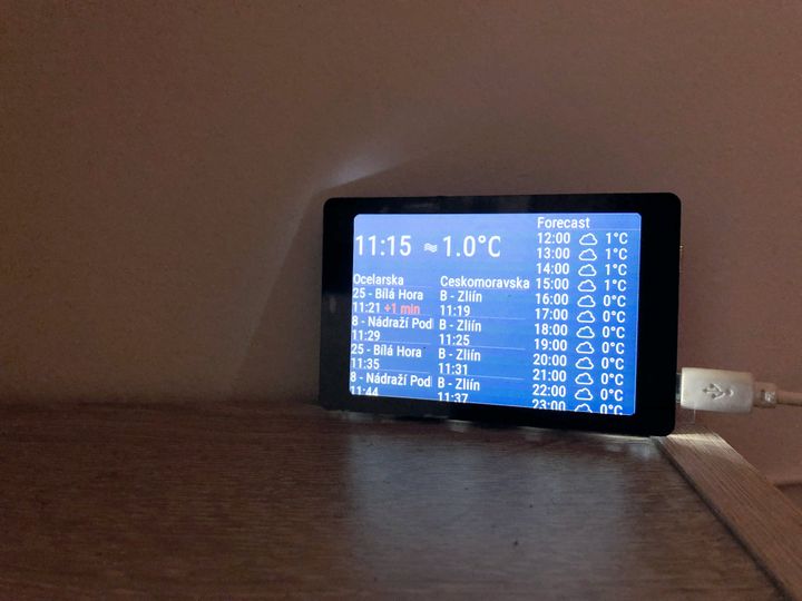 Public transport departures and weather at a glance Picture of the departure screen in action