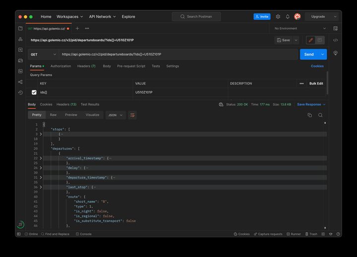 Golemio departure boards endpoint result Screenshot of postman showing the output from the Golemio API